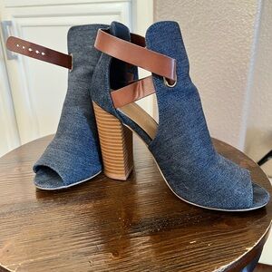 Shoe Dazzle Denim Peep-Toe Heeled Boots with Brown Straps